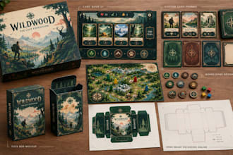 create card game ui design, asset frames, board game, packaging tuck box mockup