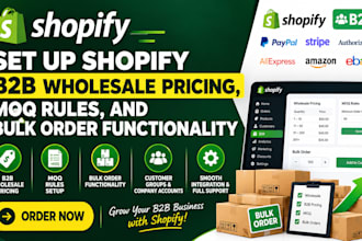 set up shopify b2b wholesale pricing, moq rules, and bulk order functionality