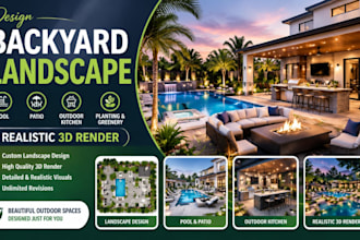 design backyard landscape, pool, patio, outdoor kitchen and realistic 3d render