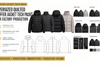 create oversized quilted puffer jacket tech packs for factory production