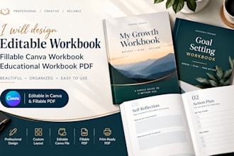 design editable workbook fillable canva workbook, educational workbook pdf coach