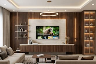do 3d livingroom tv media wall, cabinet, tv mount fireplace with 3d rendering