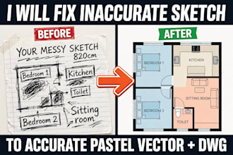 fix messy hand sketch convert to accurate dwg and pastel vector floor plan