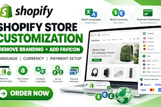 remove powered by shopify, add favicon, set up language currency and payment