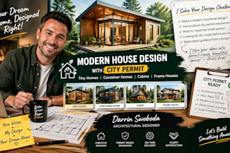 design modern house with city permit for tiny or container, cabin or frame house