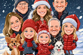 illustration christmas caricature, office holiday caricature, family caricature