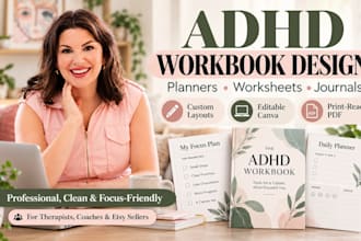 design adhd executive function workbook, focus planner and habit trackers