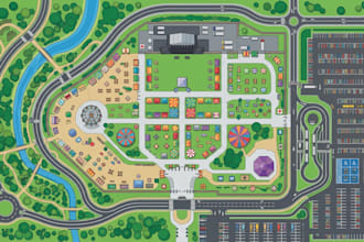 make vector event maps, 2d festival layouts, parking maps and route guides