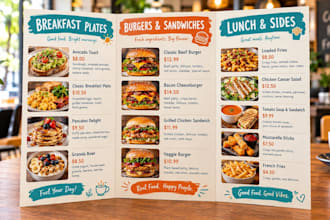 design trifold menu for your cafe, take away, restaurant