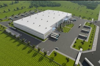 create a 3d factory warehouse, facility production center, industrial production