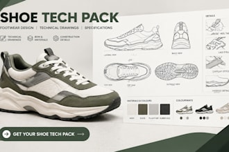 design shoe tech pack, footwear design, shoe design and technical drawings