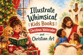 illustrate whimsical kids book, christmas watercolor and christian art