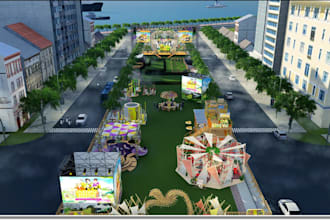 create a 3d festival event, carnival center, outdoor event center, 3d carnival