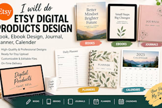 do etsy digital products design, book, ebook design, journal, planner, calender