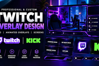 design twitch overlay, kick, twitch logo, animated stream overlay, screens