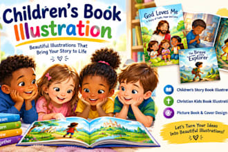 draw children story book illustration, christian kid book, picture cover design