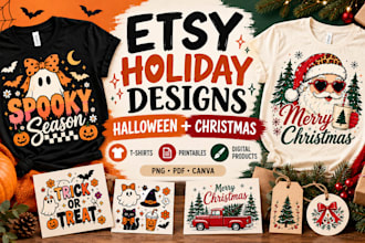 do etsy halloween and christmas digital products, halloween tshirt design mockup