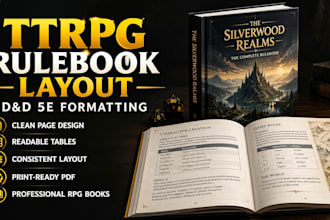 ttrpg layout design, dnd 5e rulebook formatting and print ready rpg PDF