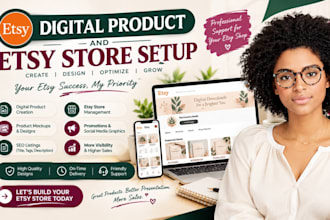 do esty digital product with mockup listing, esty store manager with promotion