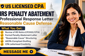 write a CPA response letter to resolve irs penalties and back taxes