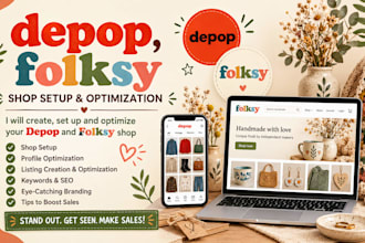 do depop shop setup, folksy SEO, product listing and store optimization