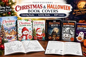design christmas and halloween book covers, coloring book and activity book