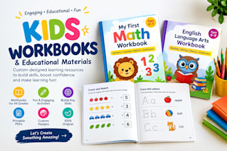 create kids workbook, textbook, design educational workbook, learning materials