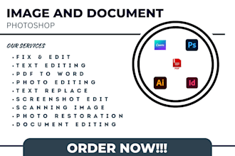 do text replace, image editing, photo restoration and document photoshop