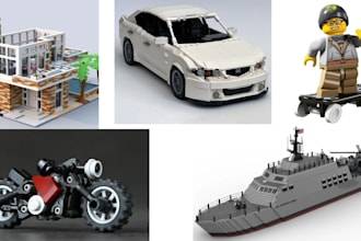 build a custom brick style 3d model, minifigure, bike, ship, house, car and part