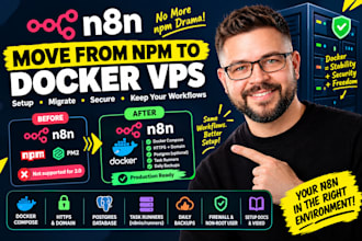 setup n8n docker vps server, fix self hosted n8n, migrate npm to docker