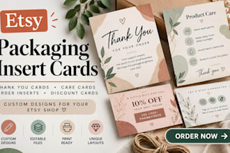 design etsy thank you cards, packaging inserts and care cards