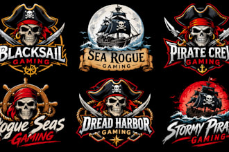 design a professional skull, pirate ship, nautical adventure, gaming pirate logo