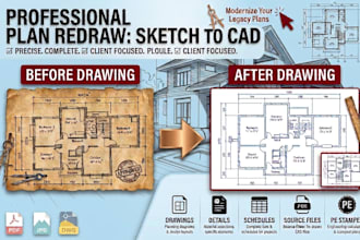 professionally redraw floor plan, house plan into 2d cad floor plan