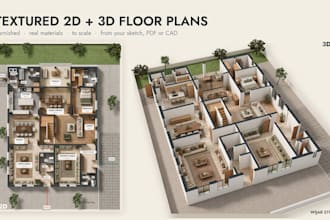 draw a textured floor plan for real estate, 2d and 3d floor plans