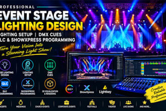 design event stage lighting, lighting setup dmx cues, qlc showxpress programming