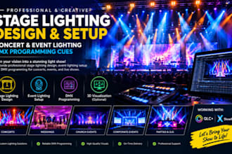 do stage lighting design, concert event lighting setup and dmx programming cues