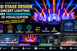 create 3d stage design, concert lighting, dxm programming and 3d visualization