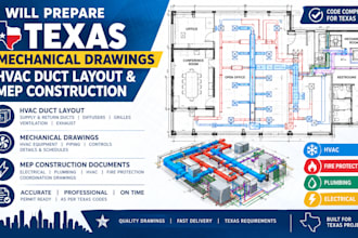 prepare texas permit mechanical drawings, hvac duct layout and mep construction