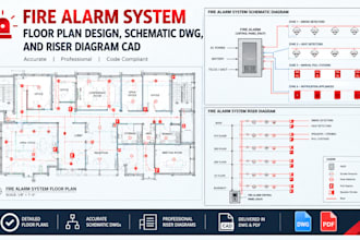 create fire alarm system floor plan design, schematic dwg, and riser diagram cad