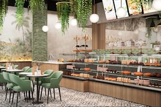 3d commercial kitchen,restaurant bakery,coffee shop interior,realistic d5 render
