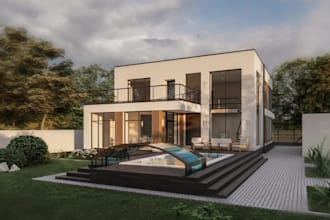 remodel single family residential villa, flat rooftop design, landscape render