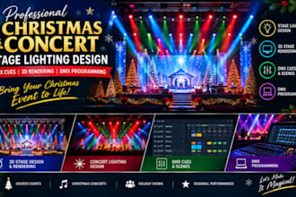 design christmas concert stage lighting, dmx cues, 3d rendering, dmx programming