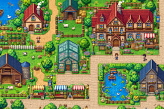 create cozy farming pixel art tilesets, top down game assets and rpg maps