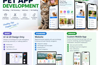 build ai pet selling app, veterinary app, pet grooming, dog walking website