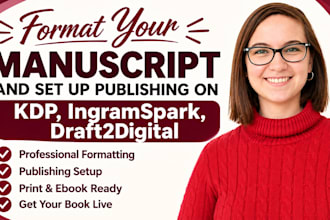 format your manuscript and set up publishing on KDP, ingramspark, draft2digital