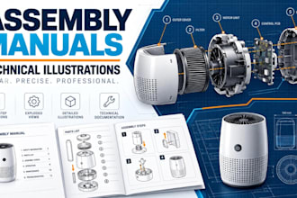 create technical product illustrations,assembly diagrams and instruction drawing
