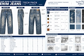 create vintage wash and distressed denim jeans tech pack for your productions