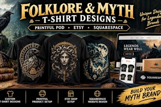 design folklore myth tshirts printful pod merch etsy shop squarespace website