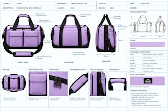 create duffle, sports, gym and equipment bag tech packs for manufacturing