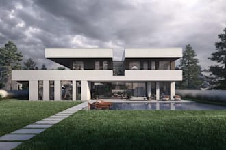 remodel modern minimalist villa, front elevation render, create landscape, lawn